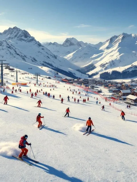 Luchtfoto van Ischgl skipistes met skilessen, instructeurs in oranje jassen begeleiden studenten op besneeuwde hellingen
