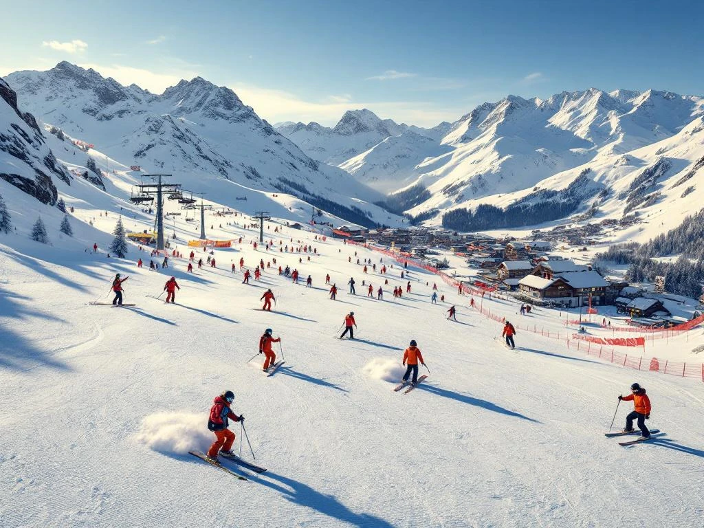 Luchtfoto van Ischgl skipistes met skilessen, instructeurs in oranje jassen begeleiden studenten op besneeuwde hellingen