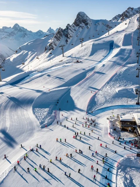 Aerial view of Isola 2000 ski resort with groomed slopes, ski lesson groups, and snow-covered Alpine peaks in morning sunlight.