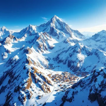 Luchtfoto van Italië's hoogste skigebied in de Alpen met besneeuwde pieken, skiliften en blauwe lucht