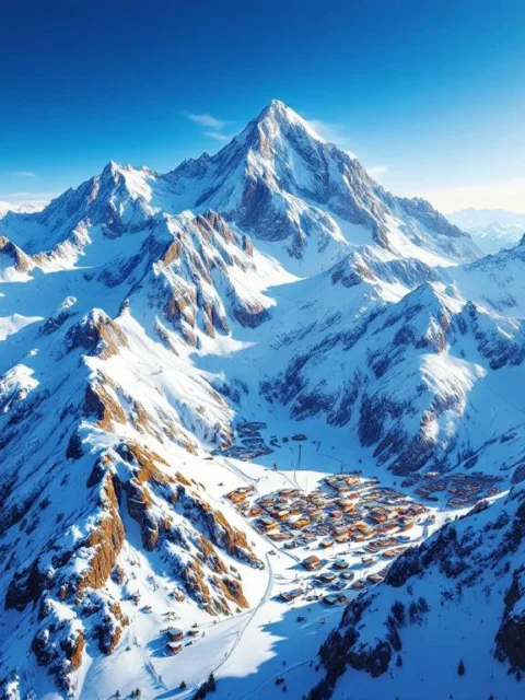 Luchtfoto van Italië's hoogste skigebied in de Alpen met besneeuwde pieken, skiliften en blauwe lucht