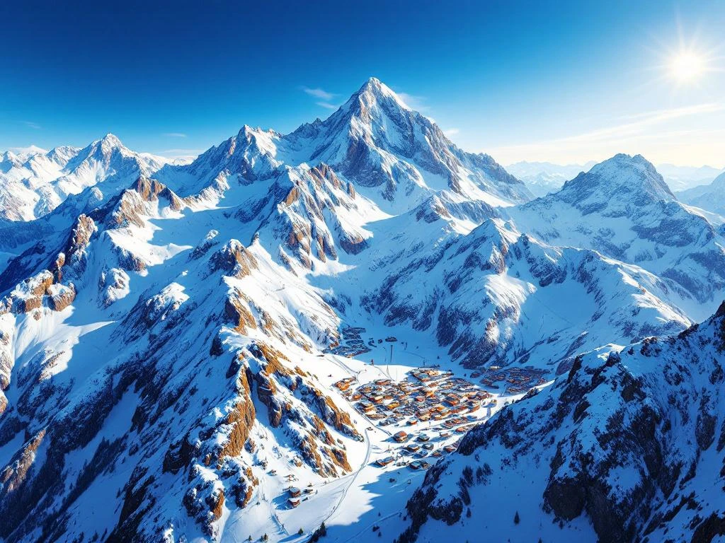 Luchtfoto van Italië's hoogste skigebied in de Alpen met besneeuwde pieken, skiliften en blauwe lucht