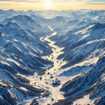 Luchtfoto van besneeuwde Italiaanse Alpentoppen met skipistes, skiliften en gouden zonlicht tijdens zonsondergang