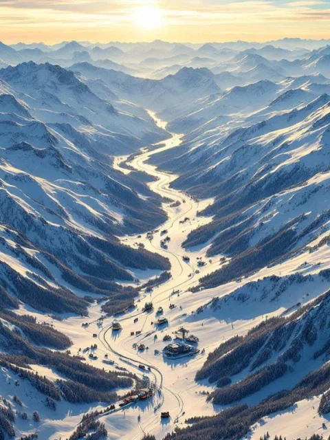 Luchtfoto van besneeuwde Italiaanse Alpentoppen met skipistes, skiliften en gouden zonlicht tijdens zonsondergang