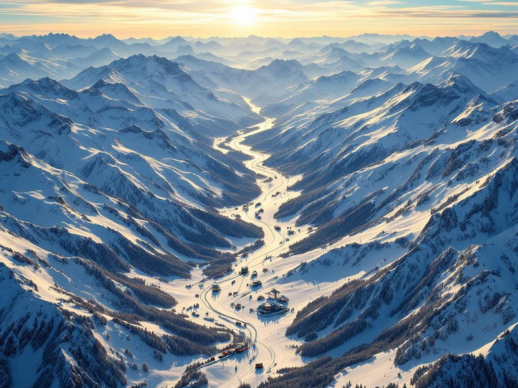 Luchtfoto van besneeuwde Italiaanse Alpentoppen met skipistes, skiliften en gouden zonlicht tijdens zonsondergang