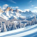Besneeuwde Italiaanse Alpentoppen met geprepareerde skipistes onder blauwe hemel, omringd door besneeuwde dennenbomen