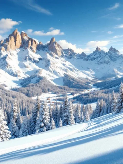 Besneeuwde Italiaanse Alpentoppen met geprepareerde skipistes onder blauwe hemel, omringd door besneeuwde dennenbomen