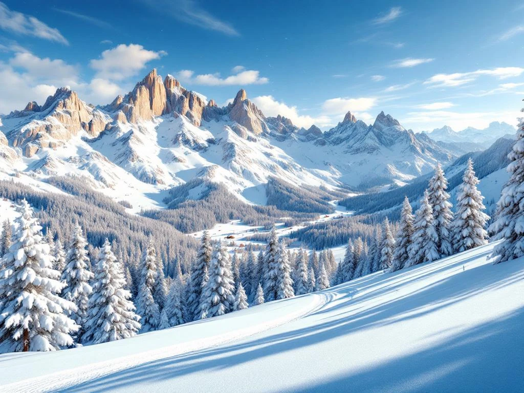 Besneeuwde Italiaanse Alpentoppen met geprepareerde skipistes onder blauwe hemel, omringd door besneeuwde dennenbomen