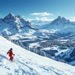 Ski-instructeur in rode jas geeft les op zonnige Italiaanse skipiste in Dolomieten met bergpanorama en dorpje op achtergrond.