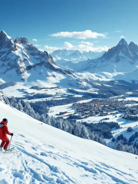 Ski-instructeur in rode jas geeft les op zonnige Italiaanse skipiste in Dolomieten met bergpanorama en dorpje op achtergrond.