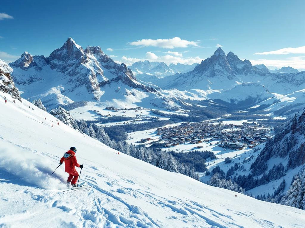 Ski-instructeur in rode jas geeft les op zonnige Italiaanse skipiste in Dolomieten met bergpanorama en dorpje op achtergrond.