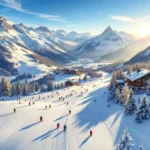 Luchtfoto van Itter's skipistes tijdens gouden uur met skiërs op besneeuwde hellingen en Oostenrijkse lodge in dal