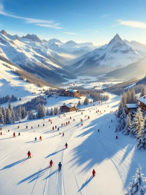 Luchtfoto van Itter's skipistes tijdens gouden uur met skiërs op besneeuwde hellingen en Oostenrijkse lodge in dal