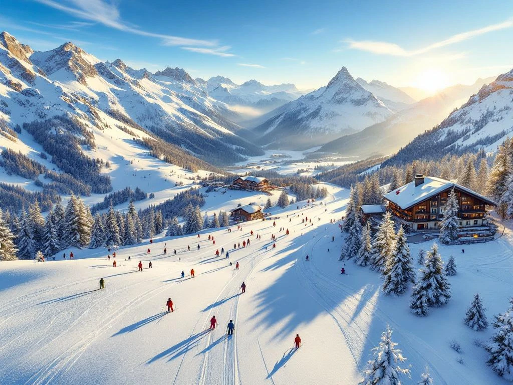 Luchtfoto van Itter's skipistes tijdens gouden uur met skiërs op besneeuwde hellingen en Oostenrijkse lodge in dal