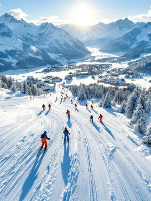 Skigroepen dalen af door poedersneeuw op Jochberg's Alpenhellingen met instructeurs in oranje en blauwe jassen
