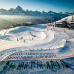 Kaltenbach skipistes in ochtendlicht met skigroepen en instructiegebieden in Oostenrijkse Alpen