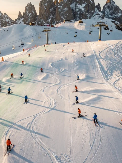 Luchtfoto van Kappl's skipistes met skileraren in oranje jassen die groepen begeleiden op verschillende terrein niveaus