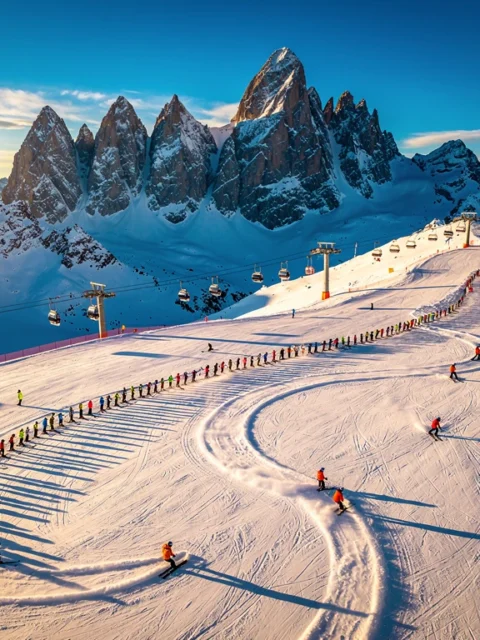 Aerial view of Kaprun ski slopes with colorful ski groups creating curved tracks in fresh snow, Austrian peaks in background