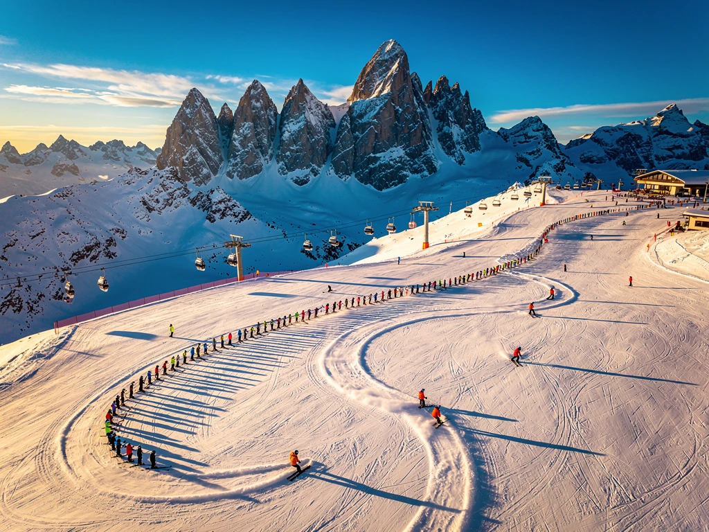Aerial view of Kaprun ski slopes with colorful ski groups creating curved tracks in fresh snow, Austrian peaks in background