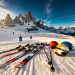Kaprun skipistes met verse poedersneeuw, ski-uitrusting en Kitzsteinhorn gletsjer onder bergzonlicht in Oostenrijk