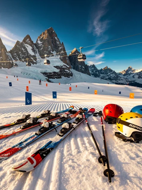 Kaprun skipistes met verse poedersneeuw, ski-uitrusting en Kitzsteinhorn gletsjer onder bergzonlicht in Oostenrijk
