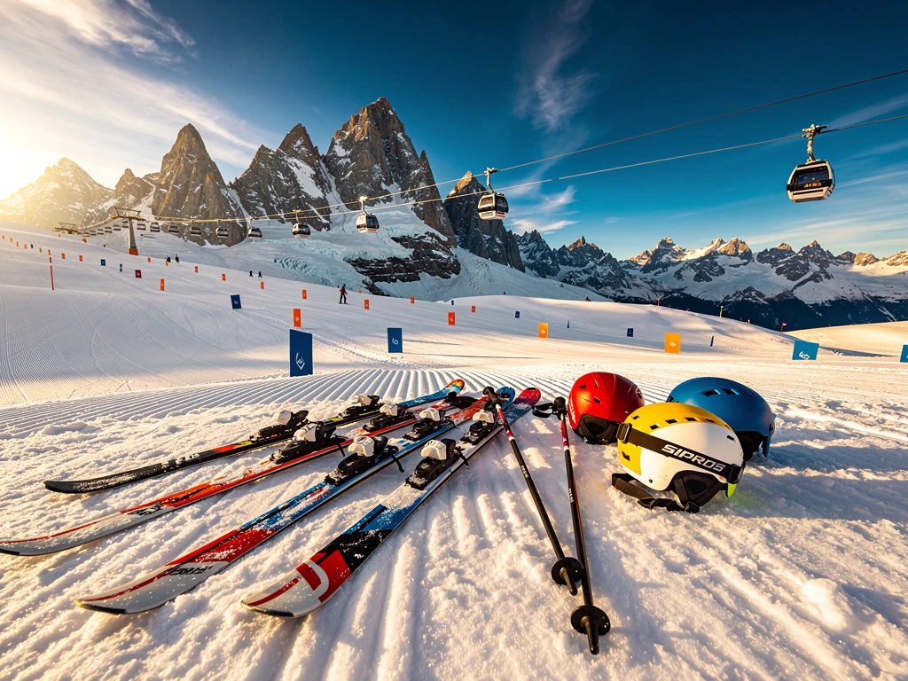Kaprun skipistes met verse poedersneeuw, ski-uitrusting en Kitzsteinhorn gletsjer onder bergzonlicht in Oostenrijk