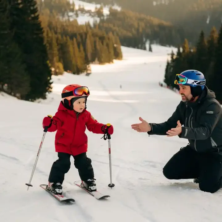 Jong kind in rode skijas houdt skipoles vast op een zachte beginnersskihelling, met een geduldige ski-instructeur ernaast.