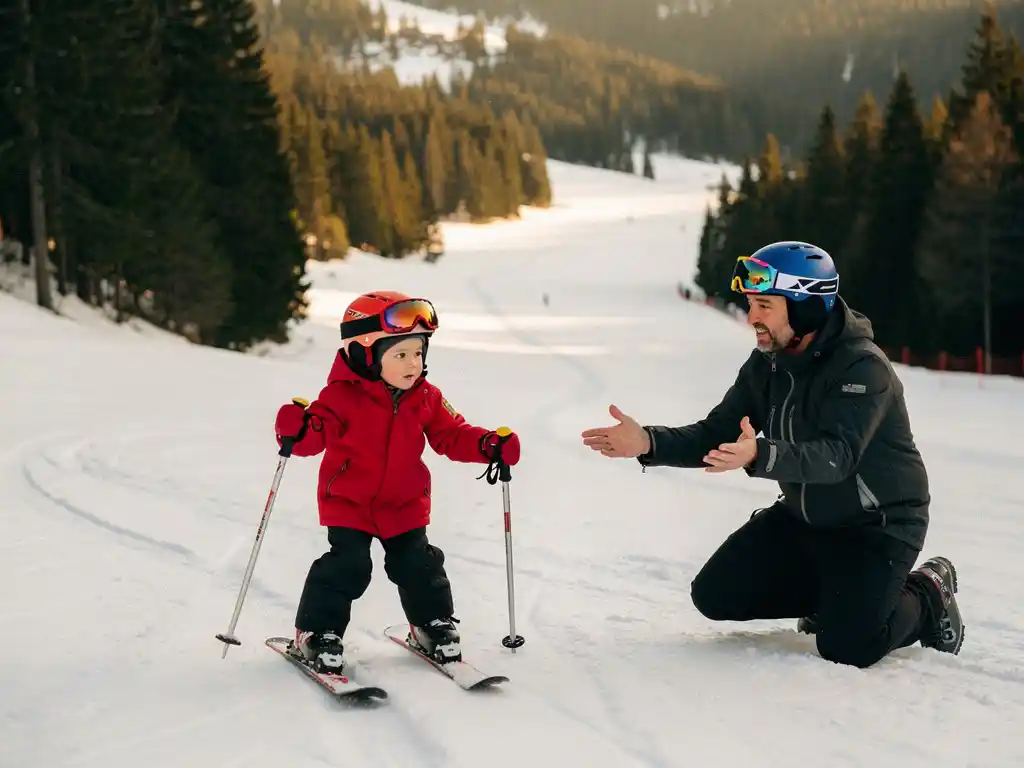 Jong kind in rode skijas houdt skipoles vast op een zachte beginnersskihelling, met een geduldige ski-instructeur ernaast.