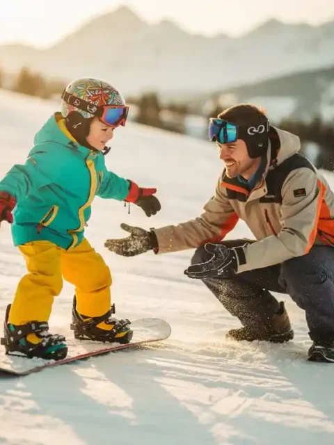 Kind leert snowboarden met instructeur op zonnige skipiste in de bergen