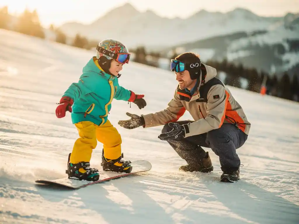 Kind leert snowboarden met instructeur op zonnige skipiste in de bergen