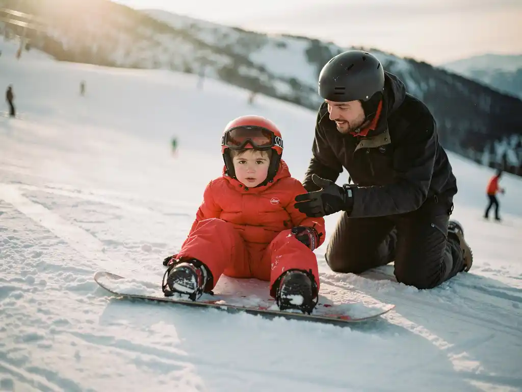 Kind van 6 jaar in rode winterkleding leert snowboarden van instructeur op besneeuwde bergpiste in zonlicht