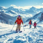 Kinderen leren skiën met instructeur op kindvriendelijke piste, omringd door kleurrijke slalompalen en dierenfiguren onder stralende winterzon in Alpenlandschap.