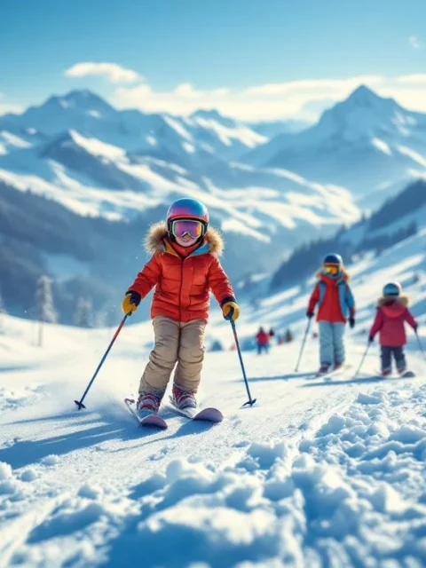 Kinderen leren skiën met instructeur op kindvriendelijke piste, omringd door kleurrijke slalompalen en dierenfiguren onder stralende winterzon in Alpenlandschap.