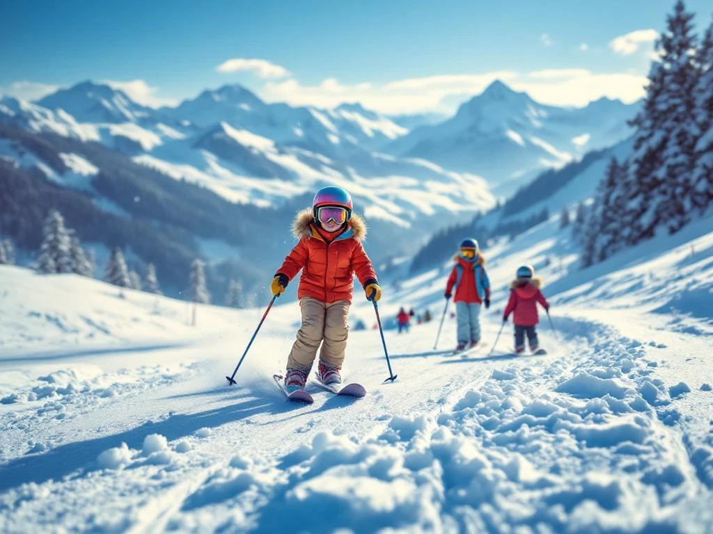 Kinderen leren skiën met instructeur op kindvriendelijke piste, omringd door kleurrijke slalompalen en dierenfiguren onder stralende winterzon in Alpenlandschap.