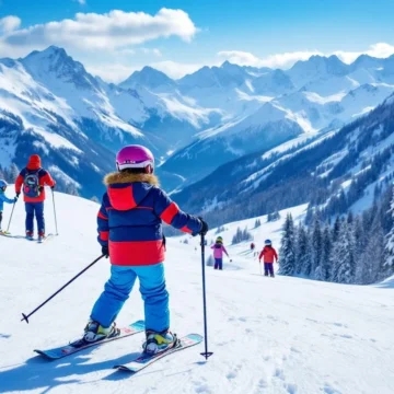 Kind in rode ski-jas leert skiën in sneeuwploeg, begeleid door instructeur tegen Alpijns berglandschap met skivoorzieningen.