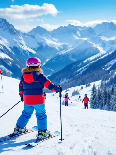 Kind in rode ski-jas leert skiën in sneeuwploeg, begeleid door instructeur tegen Alpijns berglandschap met skivoorzieningen.