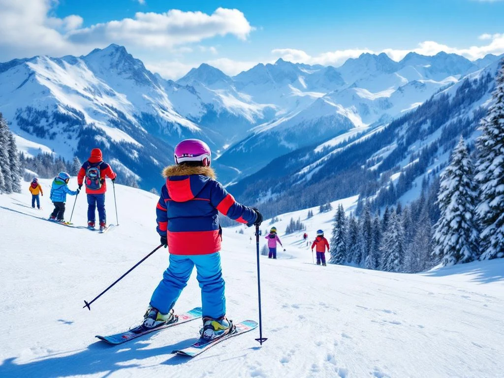 Kind in rode ski-jas leert skiën in sneeuwploeg, begeleid door instructeur tegen Alpijns berglandschap met skivoorzieningen.