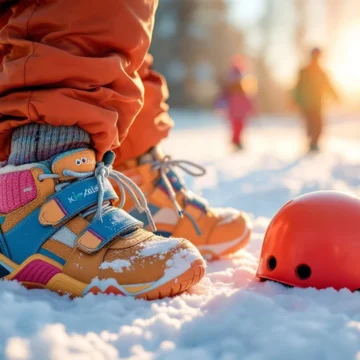 Kleurrijke kinderskischoenen en handschoenen in verse sneeuw, met veiligheidshelm en zonnige kinderpiste op de achtergrond.