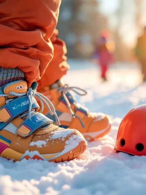 Kleurrijke kinderskischoenen en handschoenen in verse sneeuw, met veiligheidshelm en zonnige kinderpiste op de achtergrond.