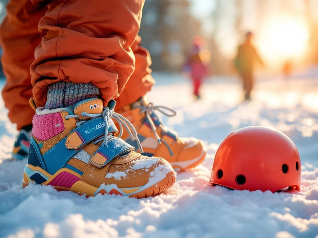 Kleurrijke kinderskischoenen en handschoenen in verse sneeuw, met veiligheidshelm en zonnige kinderpiste op de achtergrond.