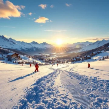 Panoramisch kindvriendelijk skigebied in de Alpen met oefenzone voor kinderen, veiligheidsnetten, besneeuwde bergtoppen en traditioneel bergdorp in zonlicht.