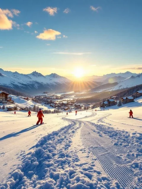 Panoramisch kindvriendelijk skigebied in de Alpen met oefenzone voor kinderen, veiligheidsnetten, besneeuwde bergtoppen en traditioneel bergdorp in zonlicht.