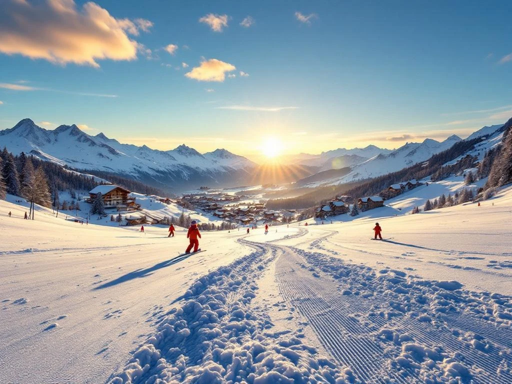 Panoramisch kindvriendelijk skigebied in de Alpen met oefenzone voor kinderen, veiligheidsnetten, besneeuwde bergtoppen en traditioneel bergdorp in zonlicht.
