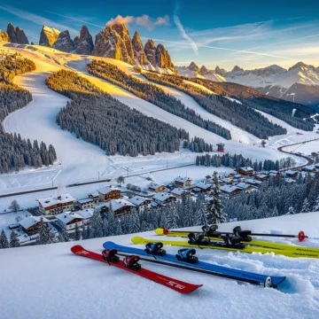Luchtfoto van Kirchberg skipistes in gouden ochtendlicht met kleurrijke ski-uitrusting en Oostenrijkse Alpen op achtergrond