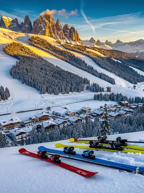 Luchtfoto van Kirchberg skipistes in gouden ochtendlicht met kleurrijke ski-uitrusting en Oostenrijkse Alpen op achtergrond