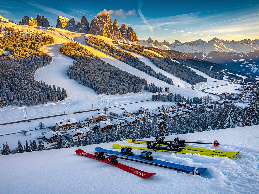 Luchtfoto van Kirchberg skipistes in gouden ochtendlicht met kleurrijke ski-uitrusting en Oostenrijkse Alpen op achtergrond
