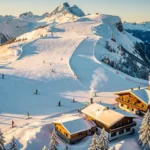 Aerial view of Kirchdorf in Tirol ski slopes with skiers in colorful gear descending groomed powder trails on Alpine peaks