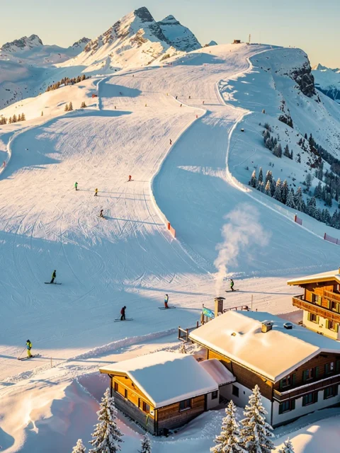 Aerial view of Kirchdorf in Tirol ski slopes with skiers in colorful gear descending groomed powder trails on Alpine peaks