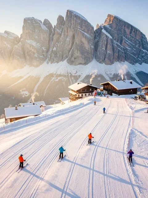 Luchtfoto van skipistes in Kirchdorf in Tirol met skileraren in oranje jassen die groepen begeleiden bij zonsopgang