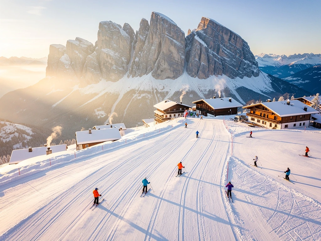 Luchtfoto van skipistes in Kirchdorf in Tirol met skileraren in oranje jassen die groepen begeleiden bij zonsopgang